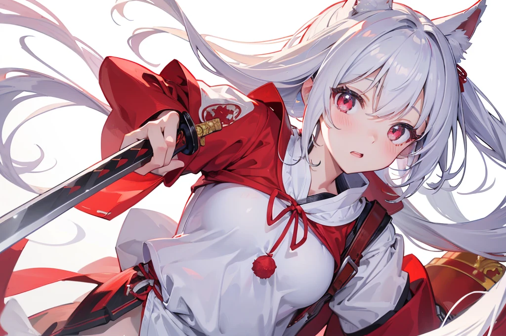 (Highest quality)　(4K)　(8k)　(High resolution)　(masterpiece:1.2)　(Super detailed)　One girl　Inubashiri Momiji　panic　(White background)　Upper Body　Holding a sword