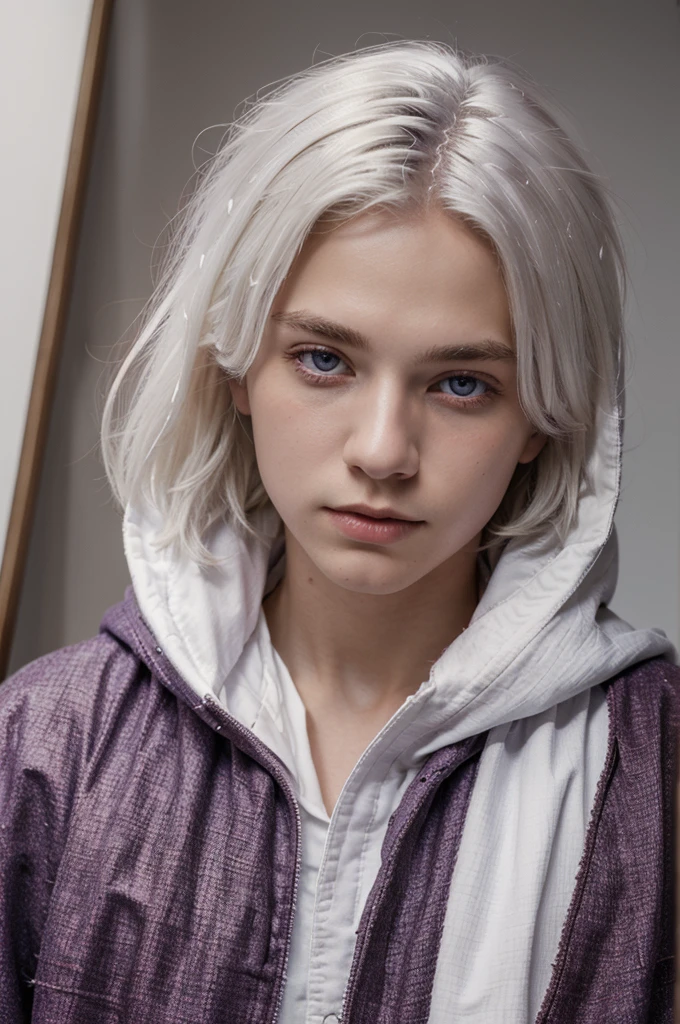 ((best quality)), ((masterpiece)), (detailed), 1boy, white haired: neck length, solid white background, blurred mix of red and purple eyes, rugged cloak