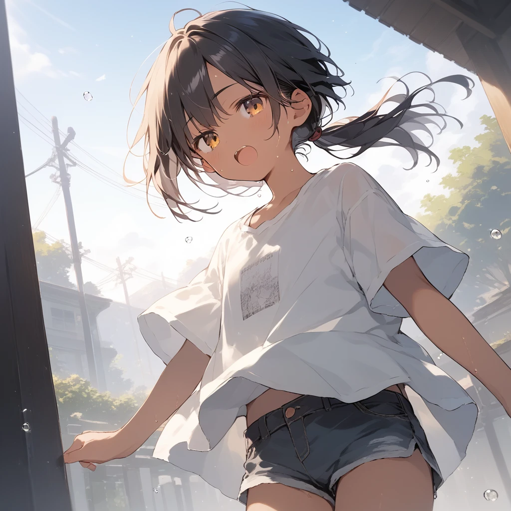 score_9, score_8_up, score_7_up, source_anime, best quality, masterpiece, official art, absurdres, highres, ultra-detailed,waifu2x,Collection: Slice of Life,break,1girl, tomboy, dark-skinned female, short hair, low ponytail, flat chest, beautiful detailed eyes, short shorts, sweat, open mouth, (yawn:0.3), sleepily, outdoors, wind,break,(clear line illustration:1.2), super detailed skin,very high resolution, very aesthetic, Best sexual lighting powered by famous artist, 8k,cute picture,beauty illustration,photoshop_(medium),,(Detailed Lighting),best anime 8k konachan wallpaper, pixiv contest winner,