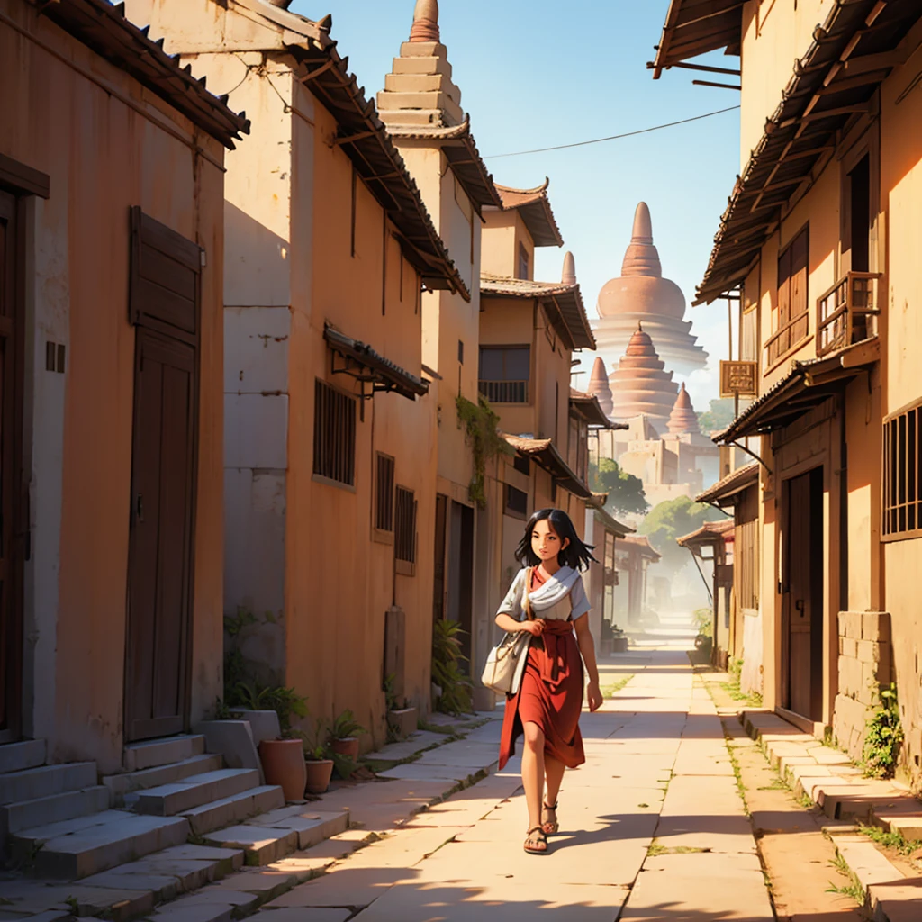The girl who is the citizen of ancient Bagan city walking into Bagan roads