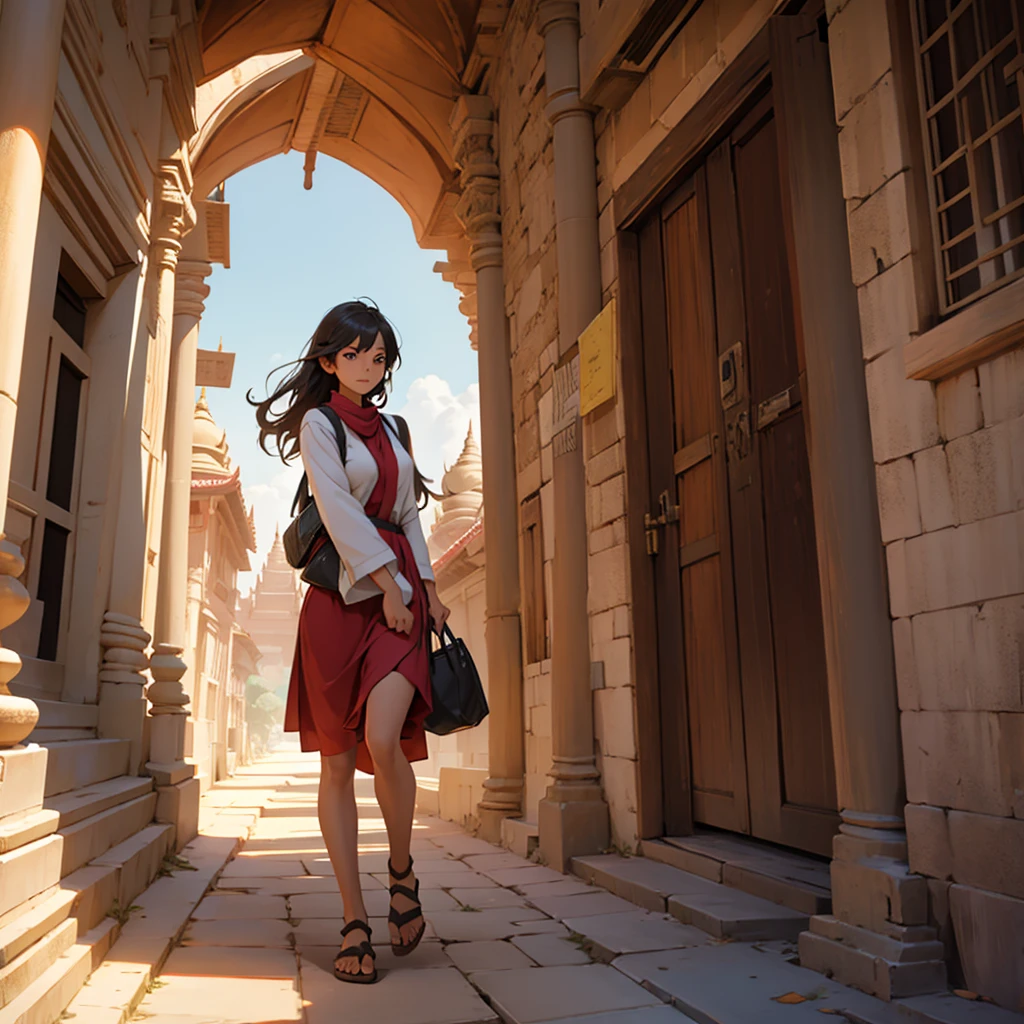 The girl who is the citizen of ancient Bagan city walking into Bagan roads