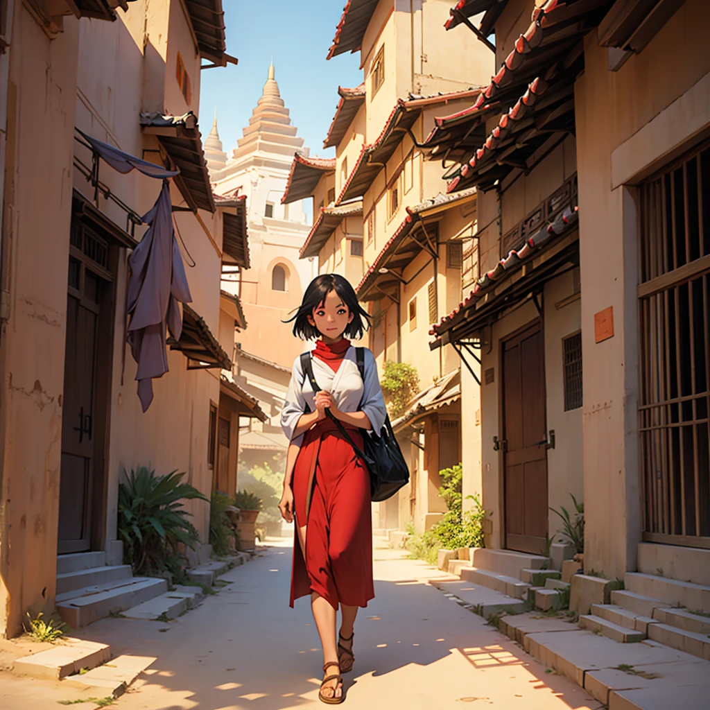 The girl who is the citizen of ancient Bagan city walking into Bagan roads