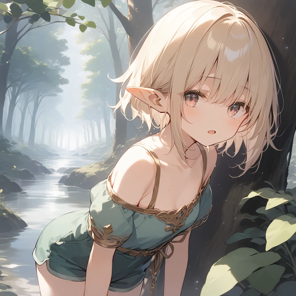 score_9, score_8_up, score_7_up, source_anime, best quality, masterpiece, official art, absurdres, highres, ultra-detailed,waifu2x,Collection: Slice of Life,break,1girl, elf, short hair, slender, androgynous,expressionless, small breasts, beautiful detailed eyes, green shorts, sweat, open mouth, sleepily, outdoors, forest, spring,break,(clear line illustration:1.2), super detailed skin,very high resolution, very aesthetic, Best sexual lighting powered by famous artist, 8k,cute picture,beauty illustration,photoshop_(medium),,(Detailed Lighting),best anime 8k konachan wallpaper, pixiv contest winner,