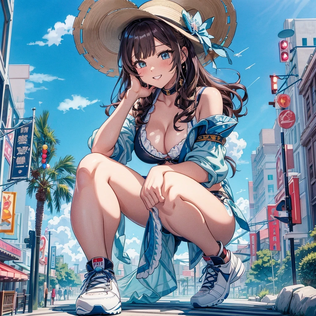 masterpiece　　Unreal Engine　Anime Style　Delicate painting　4K　90's　giant　crowd　 　amusement park　　((amusement parkに立っている巨大な黒髪の水着の女の子))　clown　stuffed toy　roller coaster　Merry-go-round　crowd　Big Breasts　sneakers　Bikini Swimwear　paola　Straw hat　　　smile　blue sky　cumulonimbus　Contrail　female giant giant girl Whole body 　 Destroyed skyscrapers Destroyed cars Crowd Unreal Engine,cleavage ,a drawing of a , earrings, long hair, 1980s (style) Cute picture　Beauty　Analog style　whole body　sneakers　