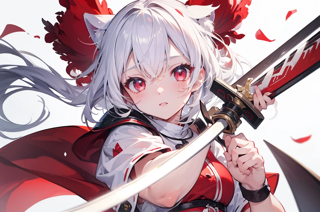 (Highest quality)　(4K)　(8k)　(High resolution)　(masterpiece:1.2)　(Super detailed)　One girl　Inubashiri Momiji　panic　(White background)　Upper Body　Holding a sword