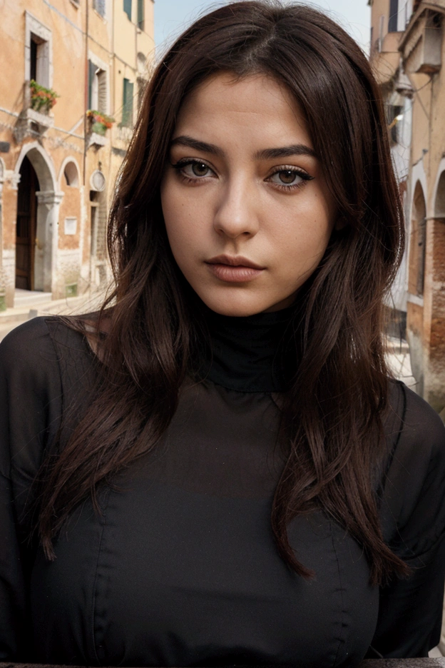 un contact visuel d&#39;une femme tunisienne, jeune, sexy, sceptique, compliqué, eye-liner graphique, matte Lèvrestick, surexposé, sourcils fins, Lèvres, indietronique, éclairage des silhouettes, filtre grunge désaturé, photo venise 