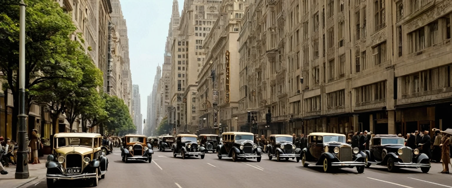 A bustling metropolis in the 1920s Art Deco style. Tall buildings with geometric shapes and ornate facades line the streets. Vintage cars and elegantly dressed pedestrians add to the atmosphere of sophistication and glamour