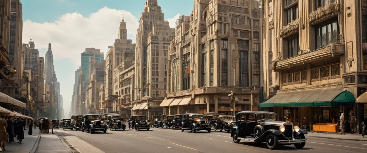 A bustling metropolis in the 1920s Art Deco style. Tall buildings with geometric shapes and ornate facades line the streets. Vintage cars and elegantly dressed pedestrians add to the atmosphere of sophistication and glamour