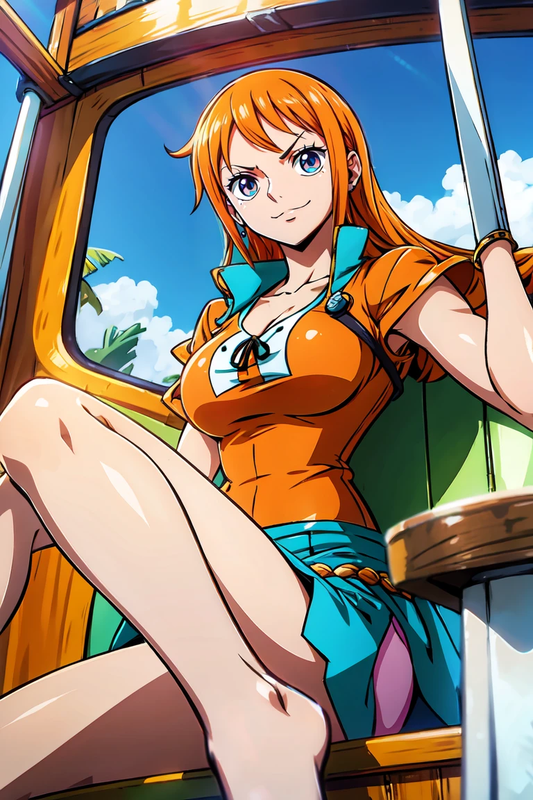 Generate a realistic anime-style image of Nami from One Piece sitting in a boat with her feet in the air. Capture your distinctive appearance with orange hair, A shirt, and a joyful expression. Make sure the image reflects your adventurous and confident personality, as shown not anime.., complete body, wide plan , curved body, island background,Good top, overskirt, orange eyes, orange eyes, Underarms
