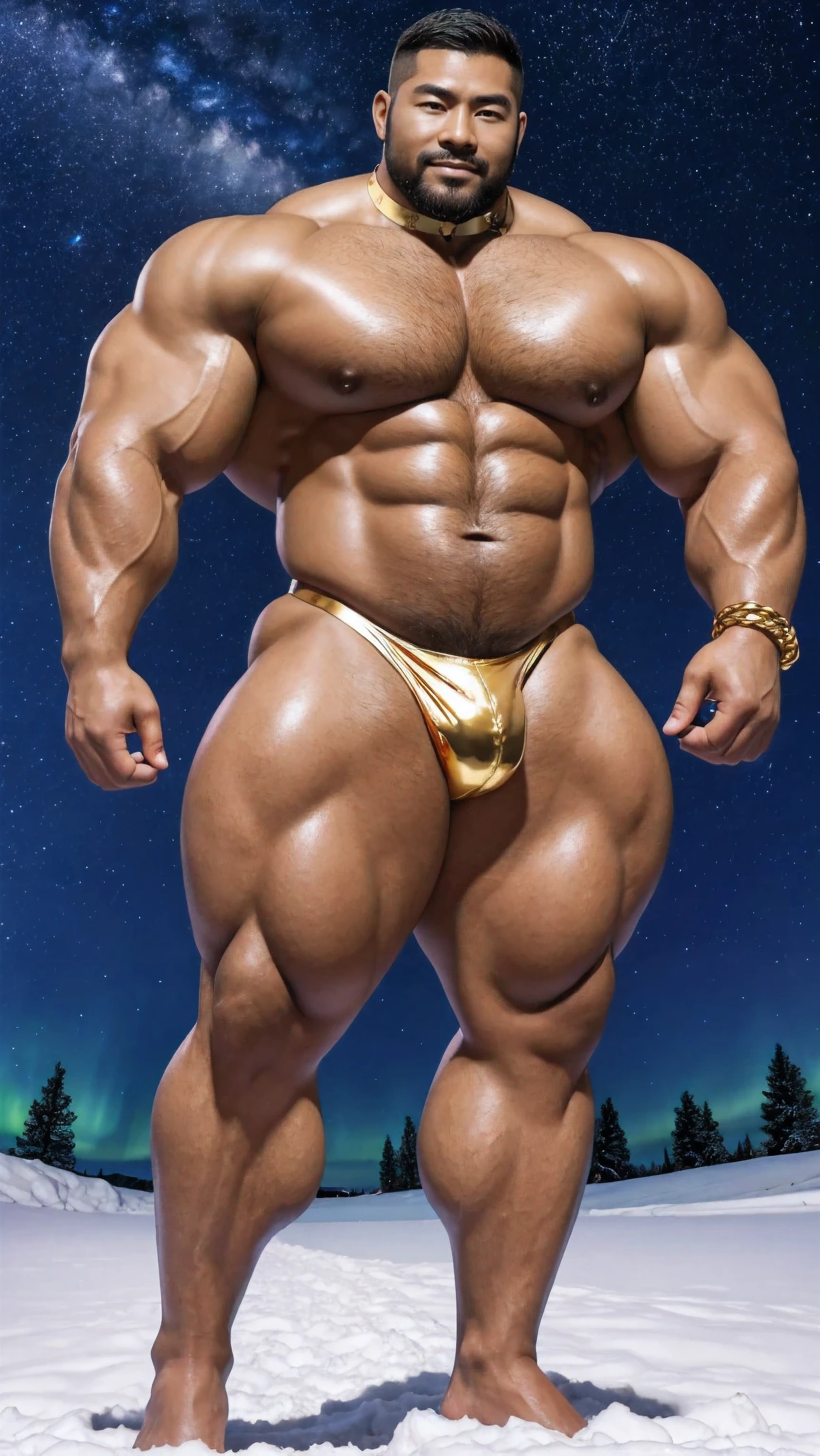 There is only one handsome Chinese man in the photo,35 years old,tall, Fitness,Smooth body,Smooth skin,No chest hair,short hair, O-Shaped Beard,Perfect body, Dark skin color,Radiant Skin,Smooth skin,Shiny, shiny skin,Smooth pectoral muscles,Muscle bulge, muscular, Very large pectoral muscles,Very sexy abdominal muscles,Very well-developed leg muscles,Huge concave and convex area,Brightens oily skin,Wearing a shiny gold leather thong,Handsome face,Normal human toes,Correct and accurate male body proportions,Gold Collar,Gold bracelet,Gold anklets,Standing in the snow,Night sky,A sky full of stars,There are auroras,Colorful,Charming dream scene,Epic。