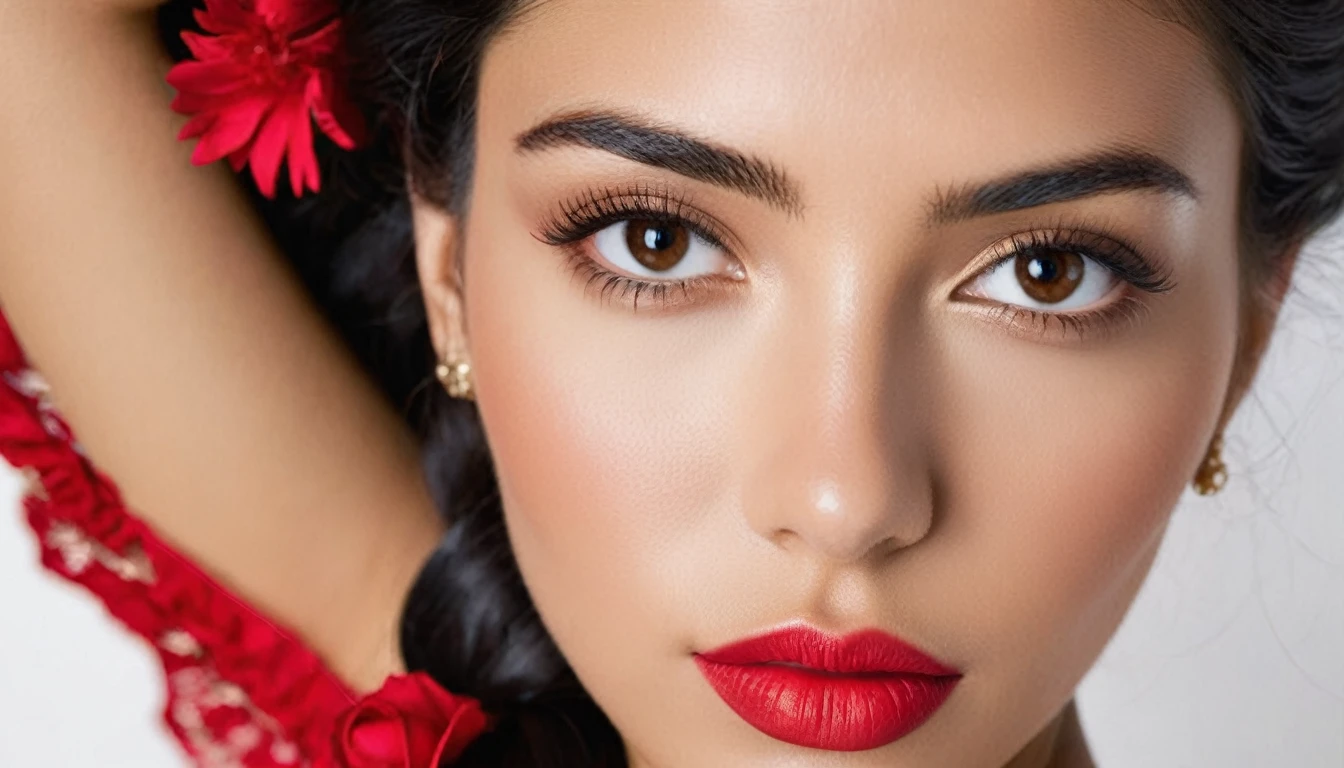 ((half body portrait)) photo of a beautiful 25 years old spanish woman,latin american, puortorican, [[head]] [[shoulders]] [[chest]], detailed tipical spanish facial features, fashion photography, studio photo, simple white background, endless long (extra long black hair), wearing authentical spanish flamenco dress in black and red colors, Award - winning photograph, Masterpiece, 8k, ultra high res, hyper detailed, beautiful woman, perfect face, rule of thirds,nice natural big breasts, Perfect eyes, Perfect iris, perfect pupils, (perfectly round iris:1.3), Perfect lips, Perfect teeth, dimples, perfect nose, highly detailed hair, ((detailed face)), ((detailed facial features)), (finely detailed skin), tanned skin, realistic skin texture, extreme skin details, (pores:0.1),(sweaty:0.8), insane details, intricate details, amazing fine detail, photorealistic, photograph, photorealism, rich colors, lifelike texture, neutral colors, Soft front light,cinematic lighting, dramatic lighting,dappled light on face, backlight on hair, sharp focus, wide angle, film grain, dslr, raw photo, photographed on Nikon , 170mm lens, 35mm film