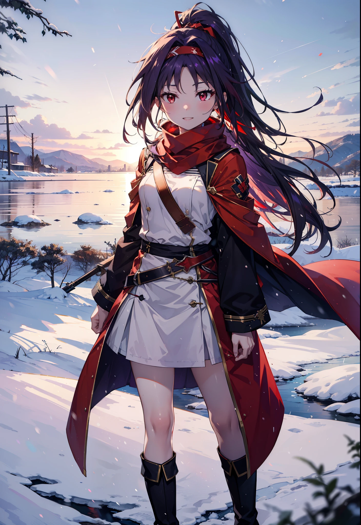 yuukikonno, Konno Yuuki, Long Hair, Pointed Ears, Purple Hair, (Red eyes:1.5), (Small breasts:1.2), Open your mouth,happy smile, smile, Open your mouth,hair band,low ponytail,Red Scarf,Purple long coat,V-neck sweater,Long skirt,short boots,snowが降っている,snowが降り積もっている,snow,snow,snow,snow,winter,Cold night,Walking,whole bodyがイラストに入るように,Looking down from above,
break looking at viewer,  whole body,
break outdoors, In town,
break (masterpiece:1.2), Highest quality, High resolution, unity 8k wallpaper, (figure:0.8), (Beautiful attention to detail:1.6), Highly detailed face, Perfect lighting, Highly detailed CG, (Perfect hands, Perfect Anatomy),