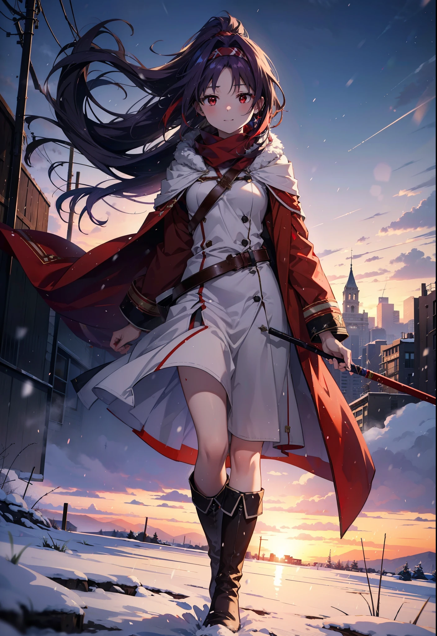 yuukikonno, Konno Yuuki, Long Hair, Pointed Ears, Purple Hair, (Red eyes:1.5), (Small breasts:1.2), Open your mouth,happy smile, smile, Open your mouth,hair band,low ponytail,Red Scarf,Purple long coat,V-neck sweater,Long skirt,short boots,snowが降っている,snowが降り積もっている,snow,snow,snow,snow,winter,Cold night,Walking,whole bodyがイラストに入るように,Looking down from above,
break looking at viewer,  whole body,
break outdoors, In town,
break (masterpiece:1.2), Highest quality, High resolution, unity 8k wallpaper, (figure:0.8), (Beautiful attention to detail:1.6), Highly detailed face, Perfect lighting, Highly detailed CG, (Perfect hands, Perfect Anatomy),