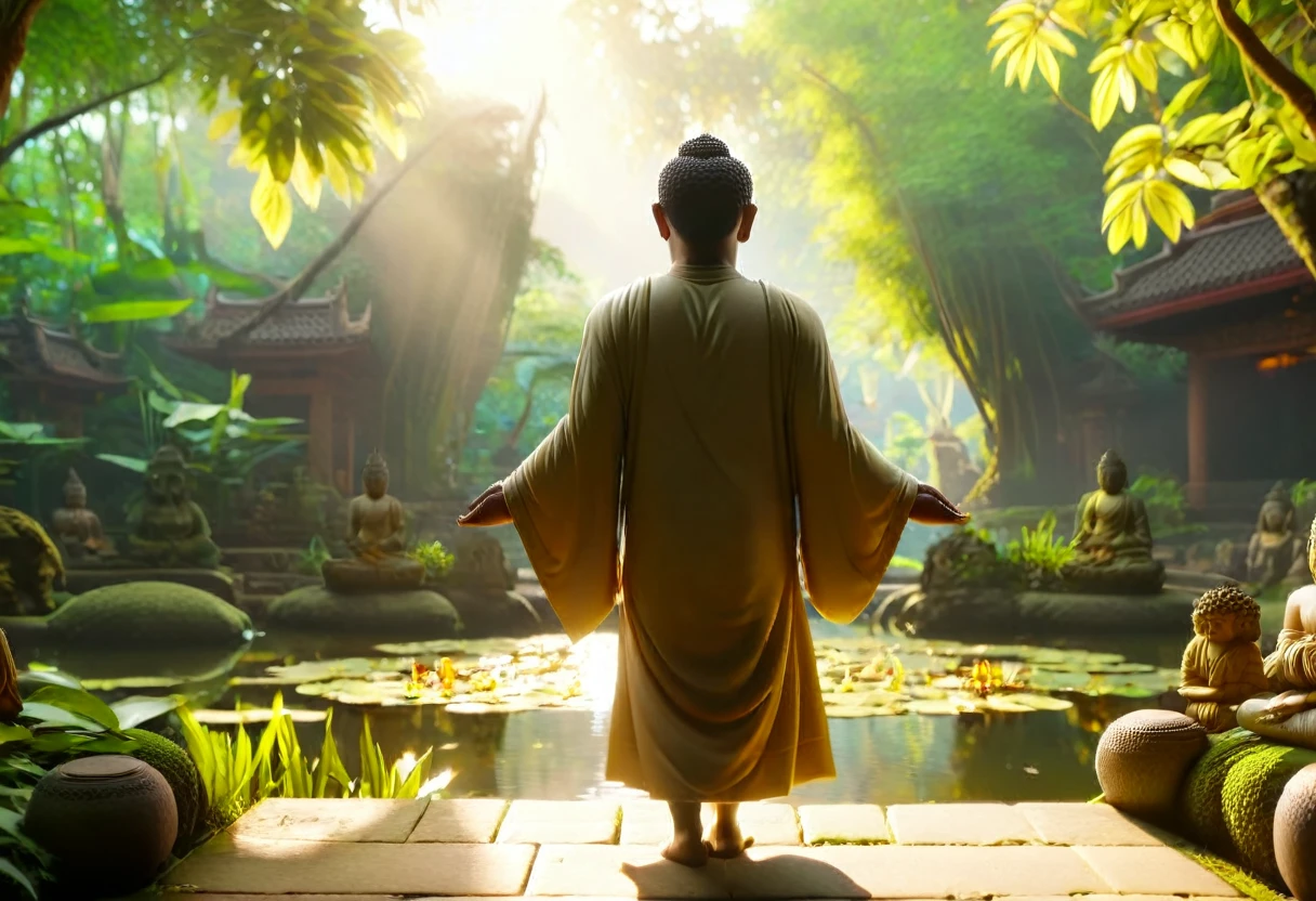 a peaceful buddha walking towards the viewer, detailed ornate robes, intricate carvings, tranquil pond, lush greenery, golden light, warm colors, photorealistic, cinematic lighting, 8k, hyper realistic