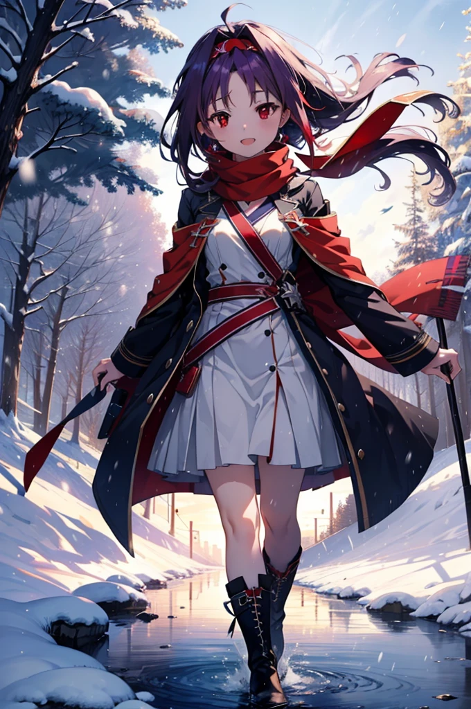 yuukikonno, Konno Yuuki, Long Hair, Pointed Ears, Purple Hair, (Red eyes:1.5), (Small breasts:1.2), Open your mouth,happy smile, smile, Open your mouth,hair band,low ponytail,Red Scarf,Purple long coat,V-neck sweater,Long skirt,short boots,snowが降っている,snowが降り積もっている,snow,snow,snow,snow,winter,Cold night,Walking,whole bodyがイラストに入るように,Looking down from above,
break looking at viewer,  whole body,
break outdoors, In town,
break (masterpiece:1.2), Highest quality, High resolution, unity 8k wallpaper, (figure:0.8), (Beautiful attention to detail:1.6), Highly detailed face, Perfect lighting, Highly detailed CG, (Perfect hands, Perfect Anatomy),