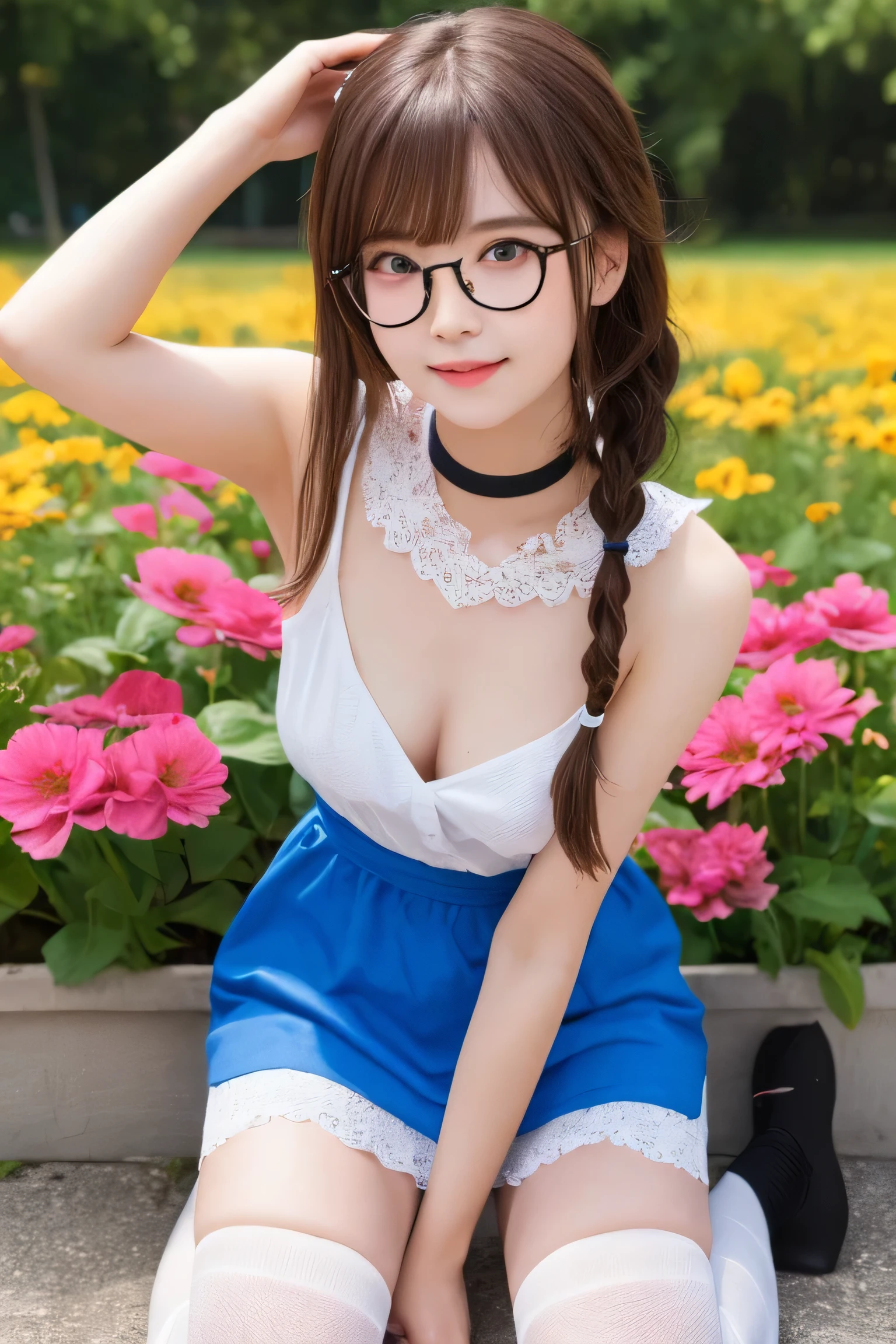 one girl、(beautiful girl、delicate girl:1.3)、(:1.3)、break、(spring clothes:1.3)、break、very fine eyes、(symmetrical eyes:1.3)、break、(Countless flowers、In a colorful flower field:1.3)、Perfectly shaped and anthropomorphically correct fingers、break、small breasts、brown eyes、(((shortcut)))、parted bangs、brown hair、break、(Eye and face details:1.0)、break、(masterpiece、highest quality、Super detailed) 、detailed face、8k)、Full body view from the knee up、, 1girl, skinny, long blonde hair, cute face, pastel hair, glasses, choker, bangle, thick eyebrows, blushing, bimbo, puff dress, nipples, full lips, small ass, large breasts, round perfect tits, skinny thighs, choker, Big blue eyes, braid, knee-high socks, smile, hearts, ass, anus (close up:0.5), excited expressiveh