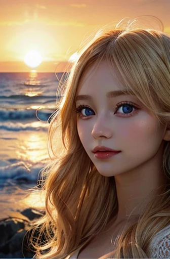 a young blonde woman in her 20s, sunrise over the sea, beautiful detailed eyes, beautiful detailed lips, extremely detailed eyes and face, long eyelashes, soft natural lighting, serene ocean waves, golden hour, cinematic, dramatic lighting, vibrant colors, warm color palette, photorealistic, highly detailed, 8k, best quality, masterpiece