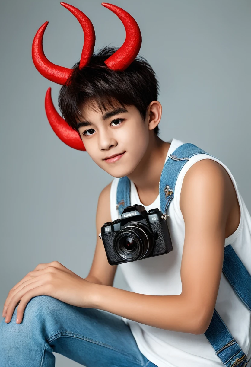  boy with red demon mask with gold touches holding a camera dressed in a white sleeveless shirt and denim shorts