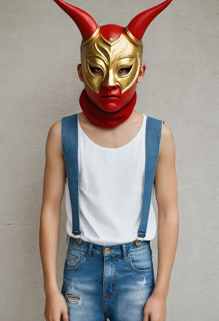 teenage boy with red demon mask with gold touches holding a camera dressed in a white sleeveless shirt and denim shorts