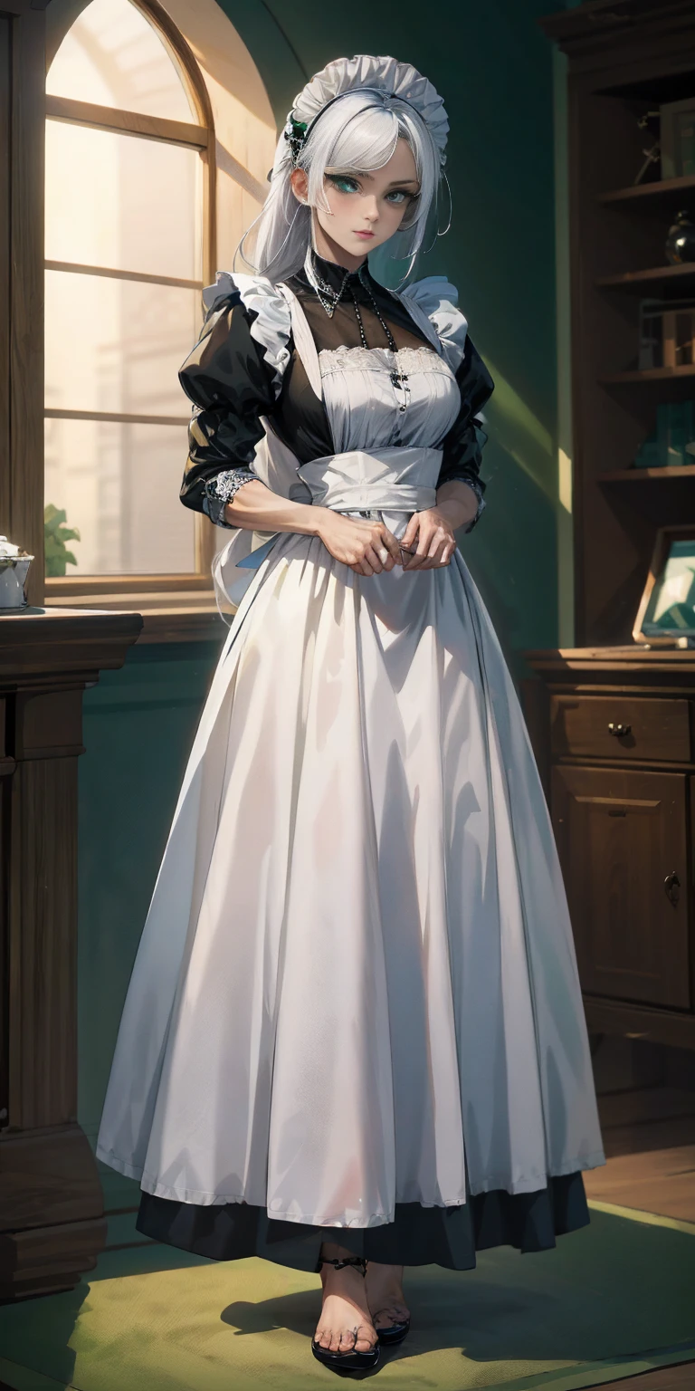 (masterpiece, top quality, best quality) pixel art, 1girl full body toe to head, white hair, green eyes, blue maid dress