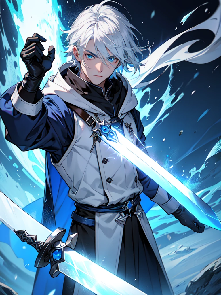 Wizard a young man, he has a silver hair and blue eyes, he wear a hood and wear gloves , hold sword with hand.