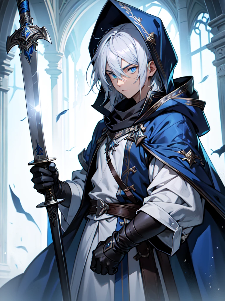 Wizard a young man, he has a silver hair and blue eyes, he wear a hood and wear gloves , hold sword with hand.
