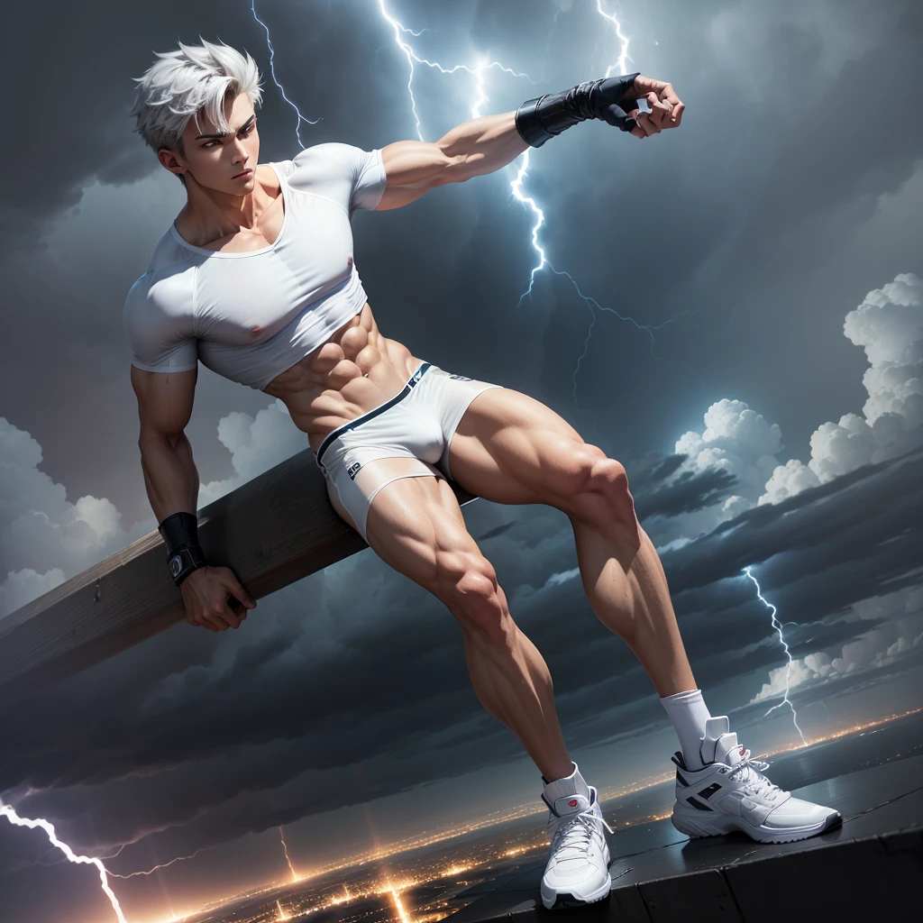 Bishonen anime slim, muscular, hot man, 21 years old, luminous grey iris with weather manipulation powers, wearing white sheer t-shirt, tioght fitted white brief, white socks and white air force shoes, flying 50 feet above the ground in a stormy sky, with lightning bolts in his hands. he creates a hurricane with his powers in the background, dark clouds and lightning fill the sky