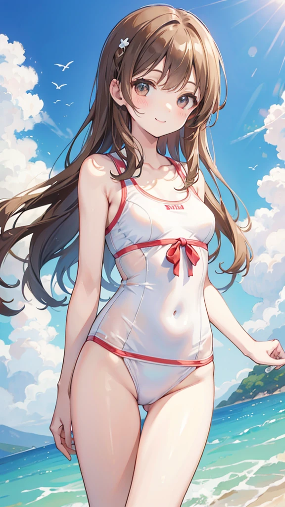 White competitive swimsuit　Brown wavy hair　Young sister　Great style　A gentle smile　She&#39;s wearing nothing but her swimsuit