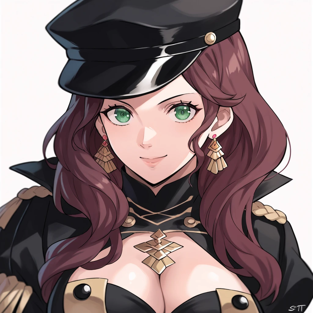 score_9, score_8_up, score_7_up, source_anime, Dorothea (Fire Emblem), bust shot, mldortgm, black headwear, (black uniform), brown hair, dangle earrings, gold trim, green eyes, jewelry, large breasts, cleavage, long hair, black peaked cap, black hat, looking at the viewer, smile