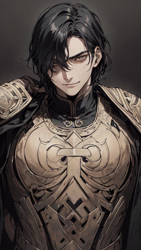 Highest quality, (background_detailed), expensive_Contrast, detailed_original_figure, Warrior, Muscular, Villain Face, Armor, full_body, Medieval, Wrinkles between the eyes, Young people, 20-year-old male, dark_stitch_landscape, (dramatic_Lighting:1. 25), (Shaded_background:1.2), black_hair, (short black hair:) 1.1 ), Big numbers, Delicate face, Wicked Smile, Sharp eyes, Black background, (Black background:1.5), Beautiful line art, 白black