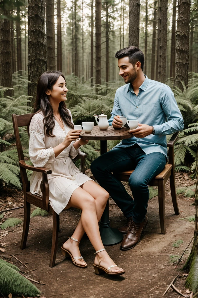 A couples sit on a chair in forest and taking a cup of tea create an video related to this