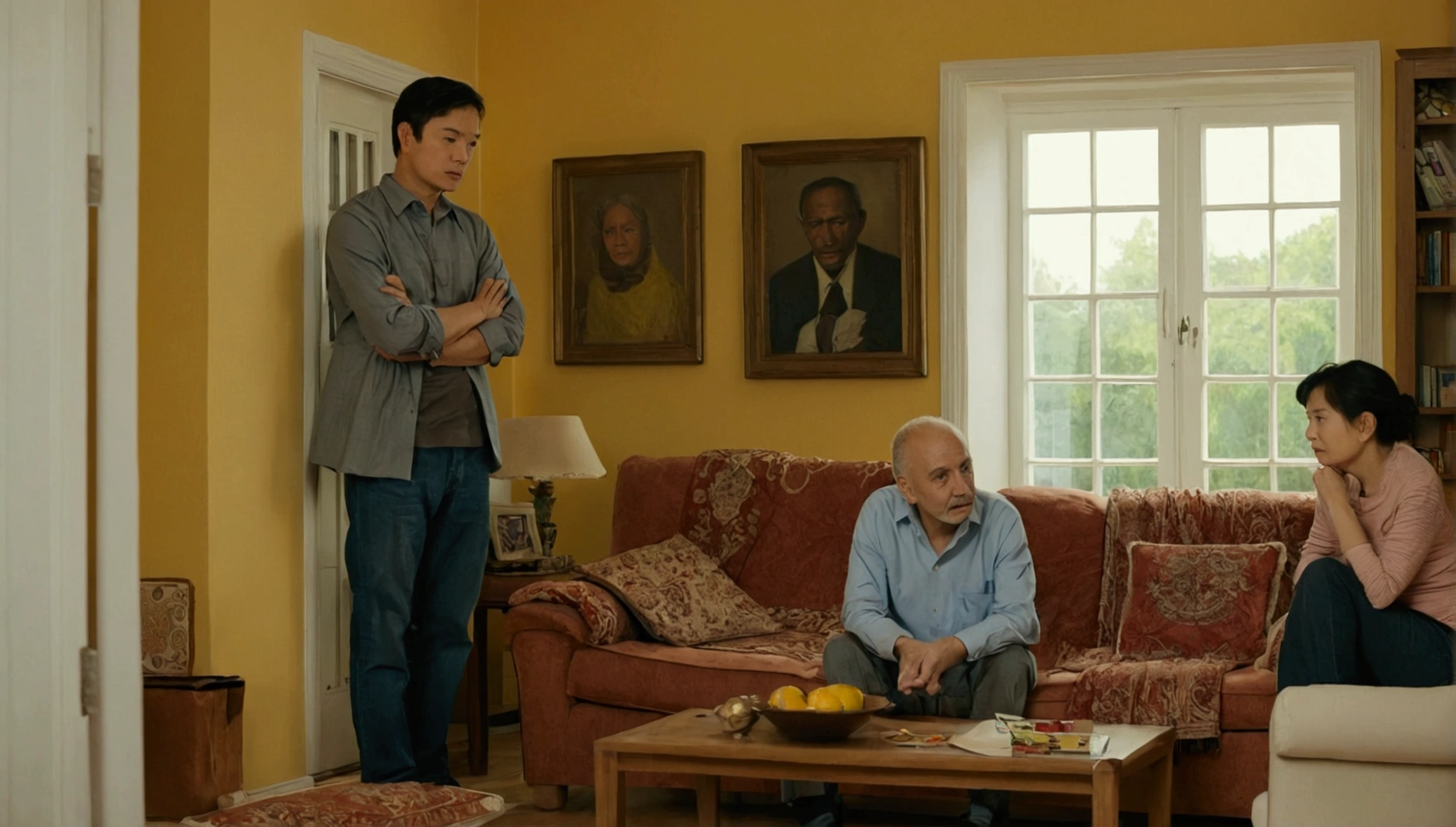 Scene of a  at home. His father and mother are watching him