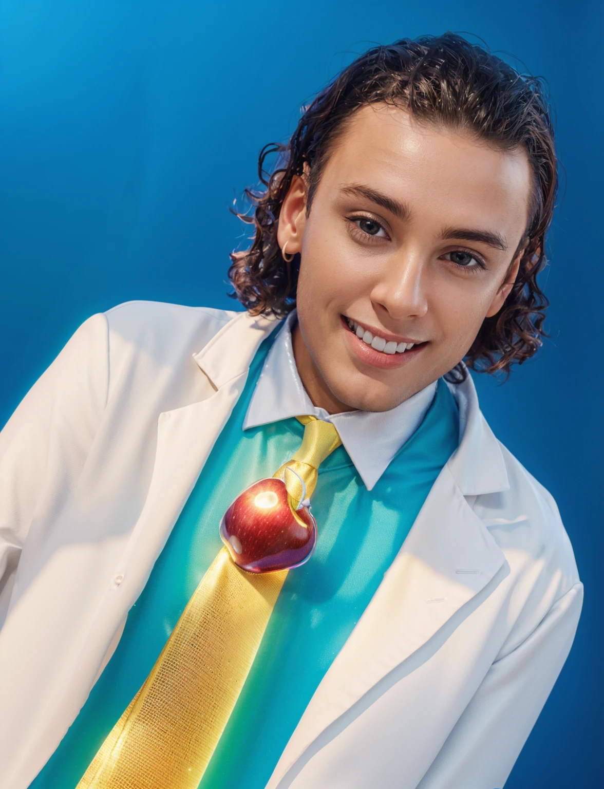 A young man wearing a white lab coat and a yellow apple necktie is smiling and looking directly at the camera, smooth 3d model, glossy plastic texture, multiple light sources, rim light, sharp post effects render, most beautiful vfx, , realistic, 4k, high resolution, rim light, smooth 3d model. ,  glossy texture, smooth 3d model, multiple light sources, rim light, sharp post effects render, (glossy plastic texture with multiple big light probe refractions), perfect cgi,   reflective, best quality, 4k, masterpiece:1.2, ultra-detailed, realistic, vivid colors, The image of the highest quality, ensuring every detail showcased perfectly. It in 4k resolution, allowing viewers to immerse themselves in the richness of the colors and intricate details. The realistic rendering. under the spotlight, reflecting, high-resolution image, realistic rendering