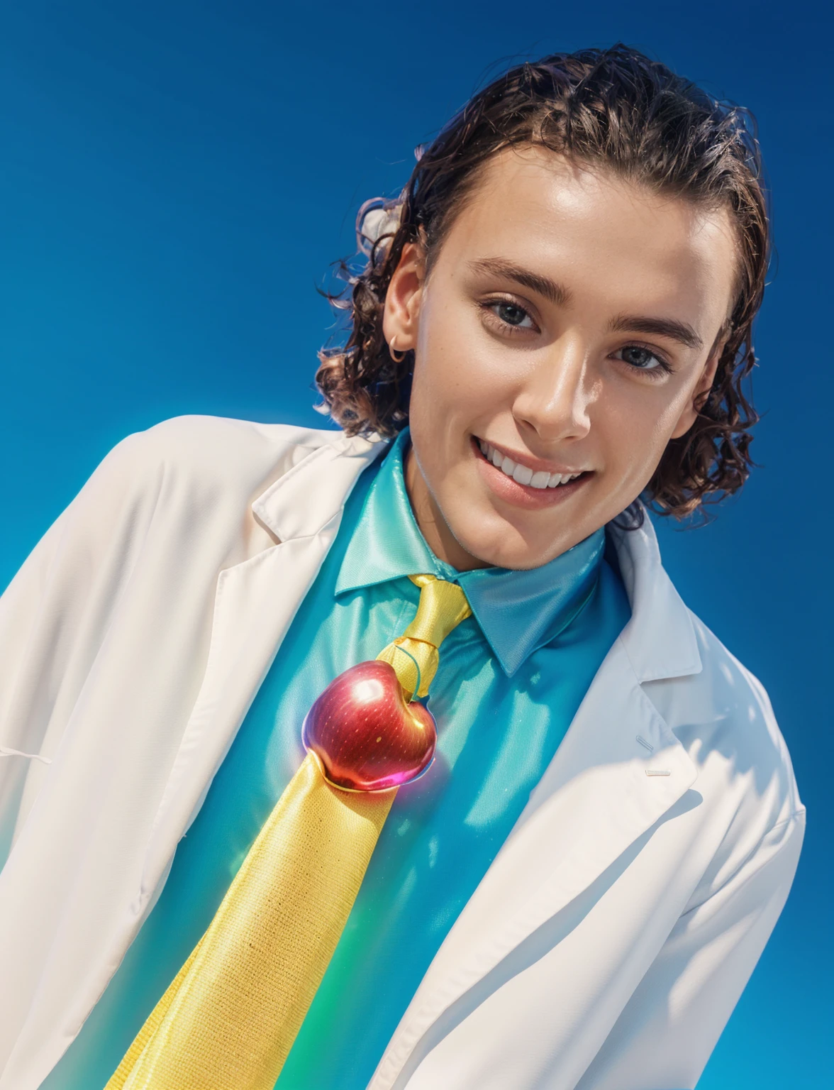 A young man wearing a white lab coat and a yellow apple necktie is smiling and looking directly at the camera, smooth 3d model, glossy plastic texture, multiple light sources, rim light, sharp post effects render, most beautiful vfx, , realistic, 4k, high resolution, rim light, smooth 3d model. , glossy texture, smooth 3d model, multiple light sources, rim light, sharp post effects render, (glossy plastic texture with multiple big light probe refractions), perfect cgi, reflective, best quality, 4k, masterpiece:1.2, ultra-detailed, realistic, vivid colors, The image of the highest quality, ensuring every detail showcased perfectly. It in 4k resolution, allowing viewers to immerse themselves in the richness of the colors and intricate details. The realistic rendering. under the spotlight, reflecting, high-resolution image, realistic rendering