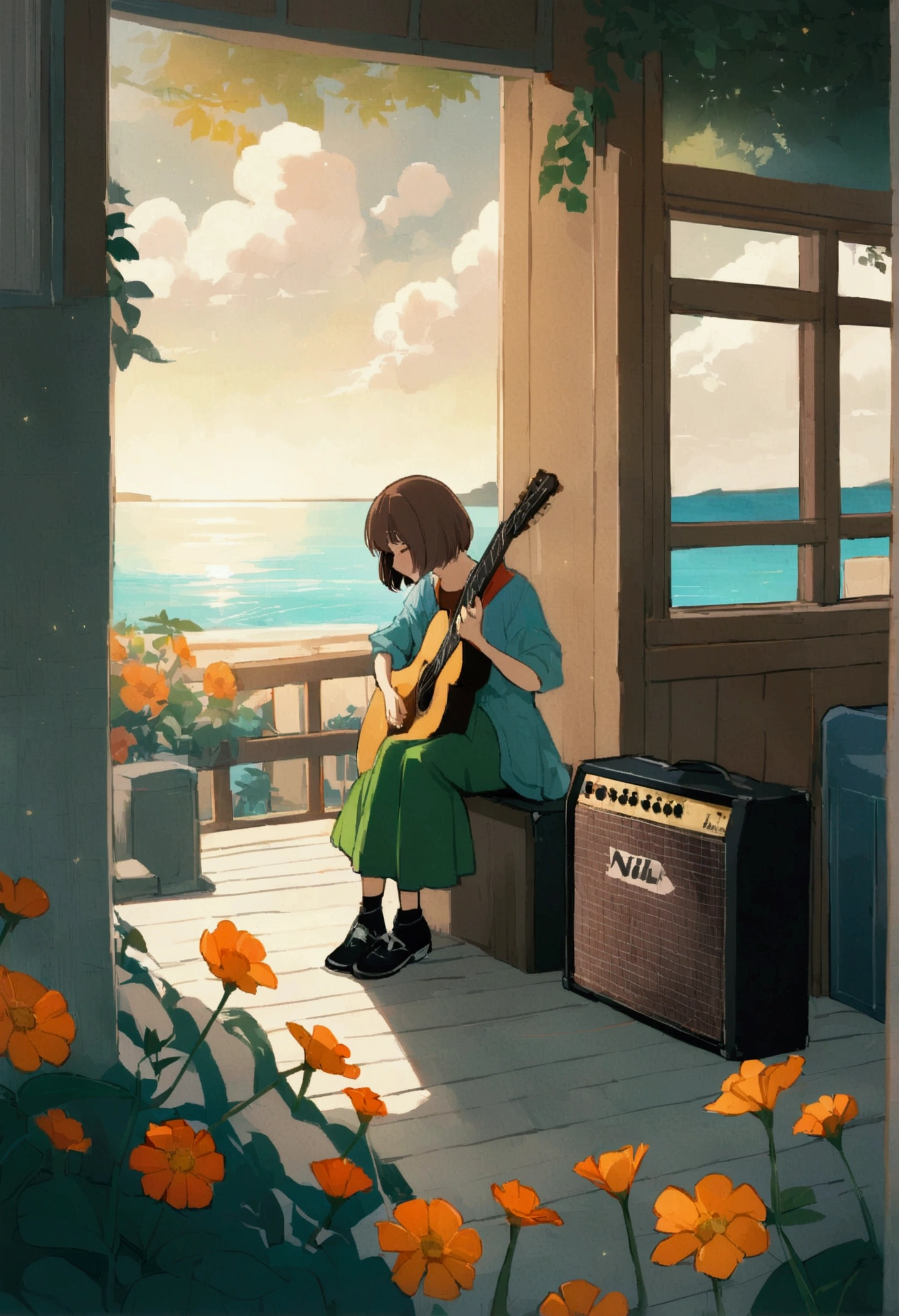 Blues, One Girl, musical instrument, flower, alone, Outdoor, Brown Hair, Sitting, guitar, cloud, null, shoes, flowerびら, short hair, Day, wood, music, Blurred foreground, Blurred, shirt, blue null, playing musical instrument, orange flower, scenery, Wind, holding musical instrument, amplifier, Written boundary depth, yellow flower, Jack Johnson, Wide Shot, Green Skirt, profile, leaf, fence, cloudy null, Ocean, スタジオジブリWindHMC, 夕暮れ時に棚に座ってguitarを弾く少年, Wallpaper 8k, guitarを弾く, Lo-fi Girl,(warm, Vibrant colors), (soft, Golden Light), (Sparkling reflections on the water), Anime Style，Ocean，Oceanのビーチ，ココナッツのwood, Illustrator