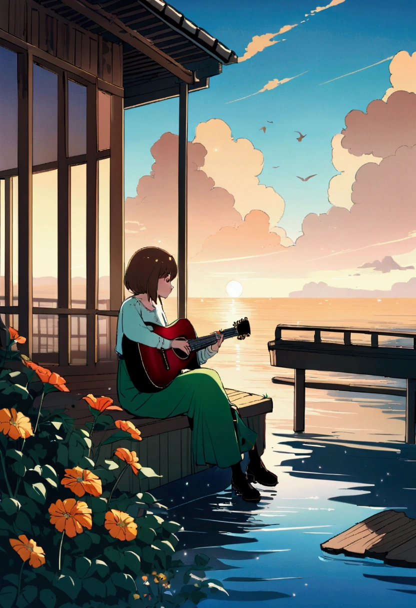 Blues, One Girl, musical instrument, flower, alone, Outdoor, Brown Hair, Sitting, guitar, cloud, null, shoes, flowerびら, short hair, Day, wood, music, Blurred foreground, Blurred, shirt, blue null, playing musical instrument, orange flower, scenery, Wind, holding musical instrument, amplifier, Written boundary depth, yellow flower, Jack Johnson, Wide Shot, Green Skirt, profile, leaf, fence, cloudy null, Ocean, スタジオジブリWindHMC, 夕暮れ時に棚に座ってguitarを弾く少年, Wallpaper 8k, guitarを弾く, Lo-fi Girl,(warm, Vibrant colors), (soft, Golden Light), (Sparkling reflections on the water), Anime Style，Ocean，Oceanのビーチ，ココナッツのwood, Illustrator