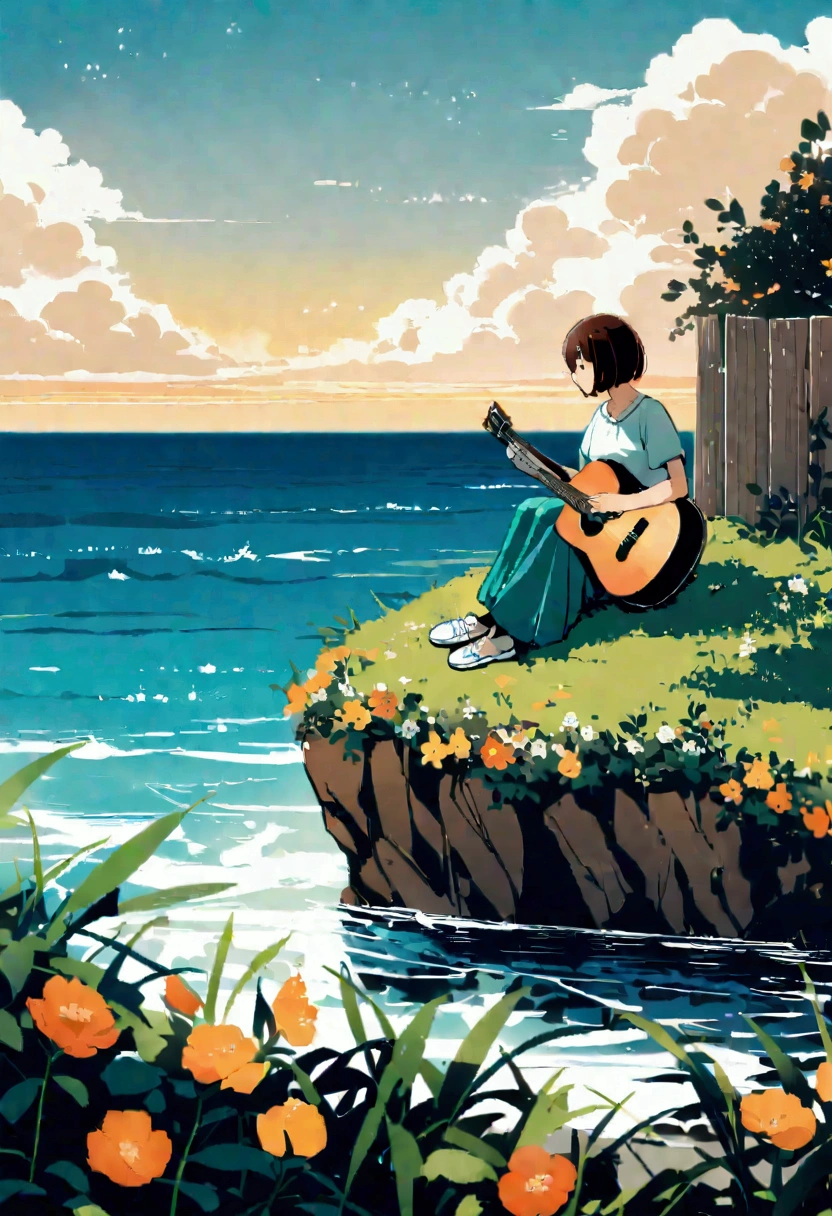 Blues, One Girl, musical instrument, flower, alone, Outdoor, Brown Hair, Sitting, guitar, cloud, null, shoes, flowerびら, short hair, Day, wood, music, Blurred foreground, Blurred, shirt, blue null, playing musical instrument, orange flower, scenery, Wind, holding musical instrument, amplifier, Written boundary depth, yellow flower, Jack Johnson, Wide Shot, Green Skirt, profile, leaf, fence, cloudy null, Ocean, スタジオジブリWindHMC, 夕暮れ時に棚に座ってguitarを弾く少年, Wallpaper 8k, guitarを弾く, Lo-fi Girl,(warm, Vibrant colors), (soft, Golden Light), (Sparkling reflections on the water), Anime Style,Ocean,Oceanのビーチ,ココナッツのwood, Illustrator