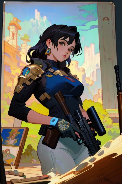 Woman with a gun, oil on matte canvas, sharp details, the expanse wood mountain colony, intricate, highly detailed, digital painting, rich color, smooth, sharp focus, illustration, Unreal Engine 5, 8k, art by artgerm and greg rutkowski and alphonse mucha