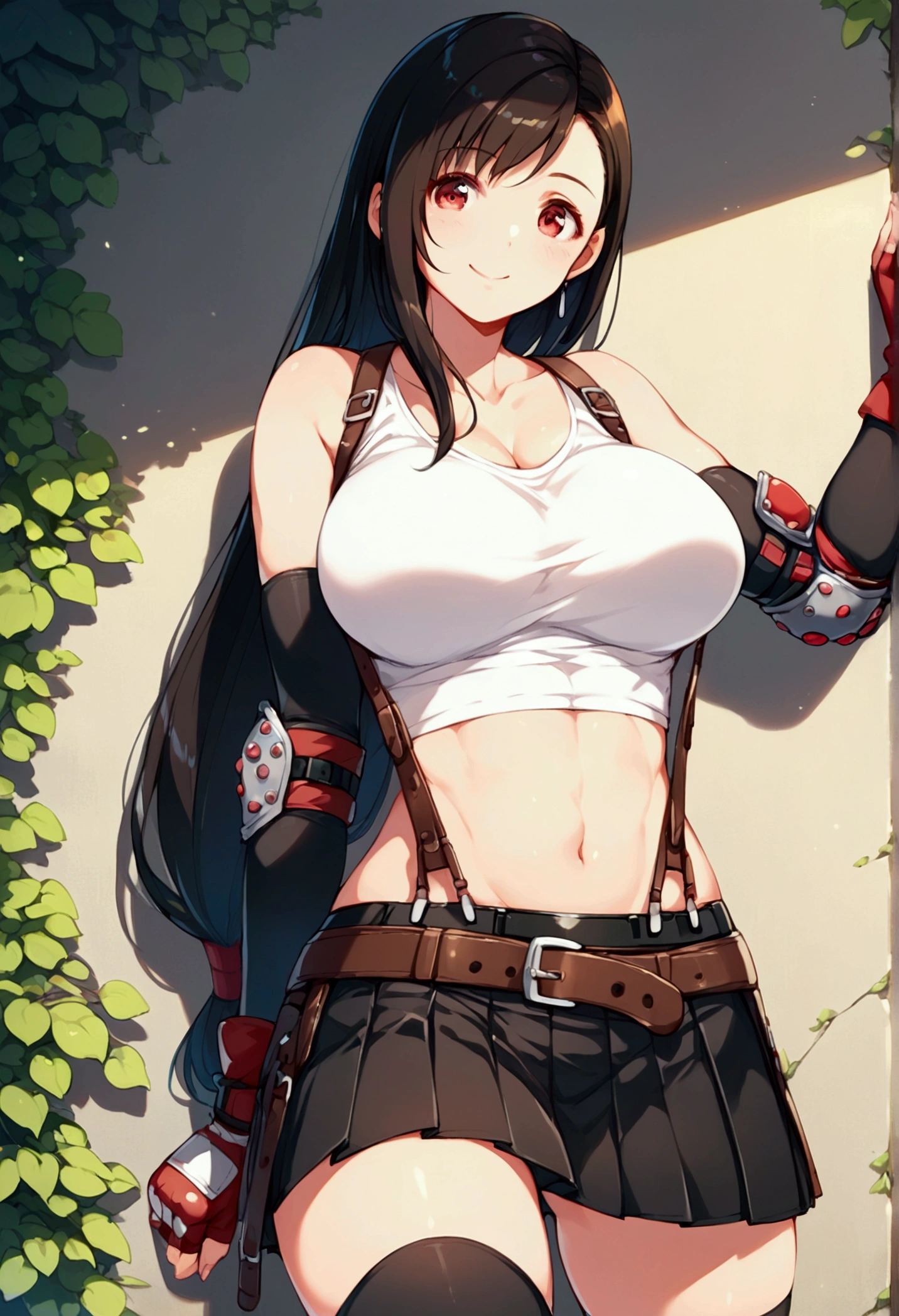 (score_9, score_8_up, score_7_up),,BREAK , ,dynamicangle,,breast focus,,standing,leaning on wall. upperbody,,Solo ,1girl, tifa lockhart, final fantasy, tareme,black hair, low-tied long hair, red eyes, bangs, (white tank top, belt, pleated skirt, thighhighs, elbow fingerless gloves, elbow pads, midriff, navel,suspender skirt) ,(large_breast),(light smile),daytime,outdoor,(ultra detailed),(best quality),(aesthetic,very aesthetic),UHD,extremely detailed CG unity 8k wallpaper,depth of field,,　　