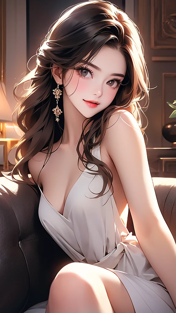 high quality、High resolution、professional lighting。young woman、beautiful、medium long hair、laughter、room、8K、delicate face、detailed face、simple background、 indoor、sitting on a luxurious sofa、cute woman、(full nude)、armpit、spread legs、Shot from the waist up、from below、