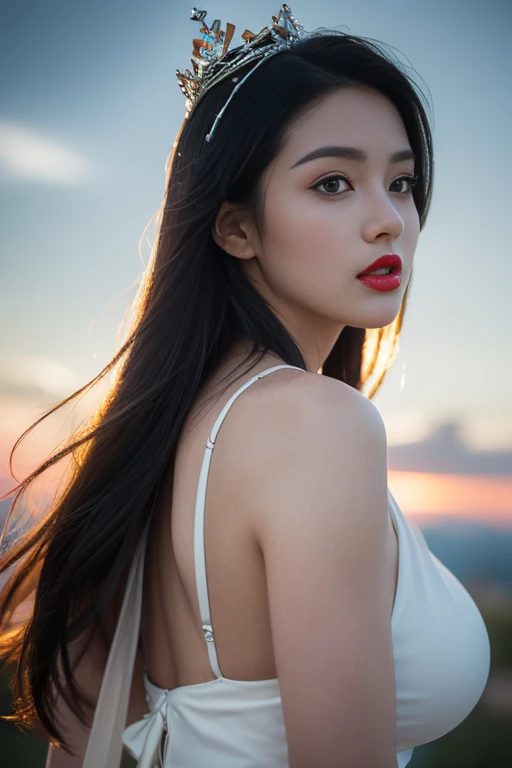 (Hyper realistic super detailed, masterpiece:9.8, top quality:9.8, best quality:9.8, beautiful:1.5), ultra high res, extreme detailed, colorful, ultra detailed, most beautiful gorgeous princess in the world, extremely hot, extremely sexy, extremely gorgeous, extremely beautiful, detailed face:3.0, face is clear and delicate, 8K, perfect face, (black hair, straight hair, long hair, huge boob:1.7, thicc, posing in heaven), white clouds, (a little diamond crown on head), (cinematic shot, cinematic lighting, red lips, perfect female anatomy), (extreme depth of field, self portrait, elegance, black elegant attire, aesthetic)