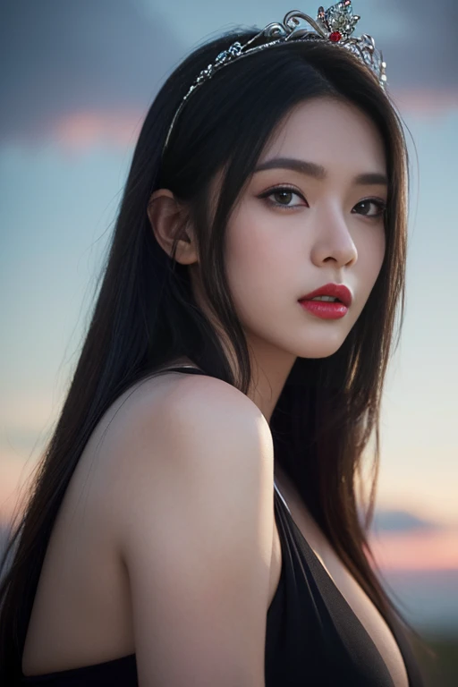 (Hyper realistic super detailed, masterpiece:9.8, top quality:9.8, best quality:9.8, beautiful:1.5), ultra high res, extreme detailed, colorful, ultra detailed, most beautiful gorgeous princess in the world, extremely hot, extremely sexy, extremely gorgeous, extremely beautiful, detailed face:3.0, face is clear and delicate, 8K, perfect face, (black hair, straight hair, long hair, huge boob:1.7, thicc, posing in heaven), white clouds, (a little diamond crown on head), (cinematic shot, cinematic lighting, red lips, perfect female anatomy), (extreme depth of field, self portrait, elegance, black elegant attire, aesthetic)