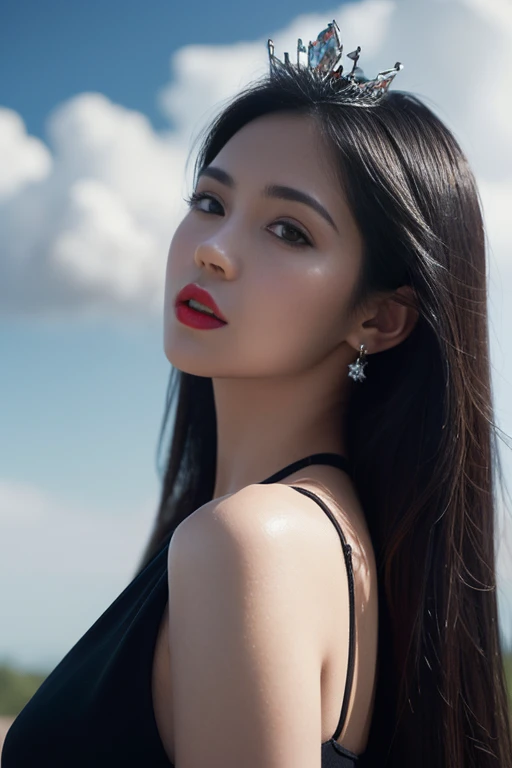 (Hyper realistic super detailed, masterpiece:9.8, top quality:9.8, best quality:9.8, beautiful:1.5), ultra high res, extreme detailed, colorful, ultra detailed, most beautiful gorgeous princess in the world, extremely hot, extremely sexy, extremely gorgeous, extremely beautiful, detailed face:3.0, face is clear and delicate, 8K, perfect face, (black hair, straight hair, long hair, huge boob:1.7, thicc, posing in heaven), white clouds, (a little diamond crown on head), (cinematic shot, cinematic lighting, red lips, perfect female anatomy), (extreme depth of field, self portrait, elegance, black elegant attire, aesthetic)