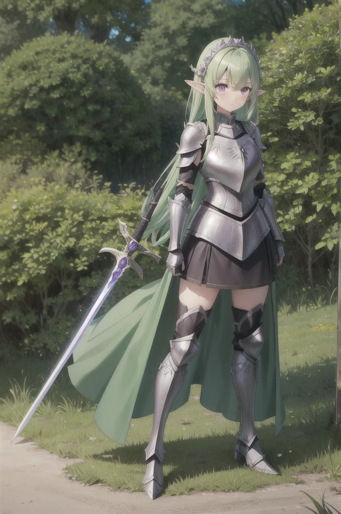 1girl, elf, pointy ears, standing, forest, blush, purple eyes, green hair, full shot, full body, (plated armor:1.3), (sword:1.1), leather gloves, skirt, looking at viewer, perfect hands, (grass:0.5)