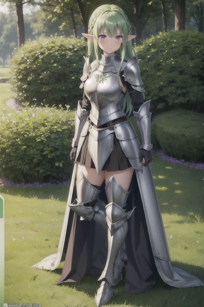 1girl, elf, pointy ears, standing, forest, blush, purple eyes, green hair, full shot, full body, (plated armor:1.3), (sword:1.1), leather gloves, skirt, looking at viewer, perfect hands, (grass:0.5)