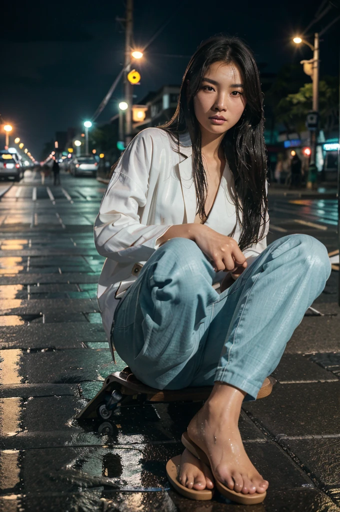 showing a beautiful Korean-looking woman with long neat hair, wearing a beach suit, seaside, beach, sitting on a skateboard, cursing fingers, background in the middle of the street, city lights from a distance, wet street, blurry, high quality, very realistic, very realistic, HDR . full body shot.