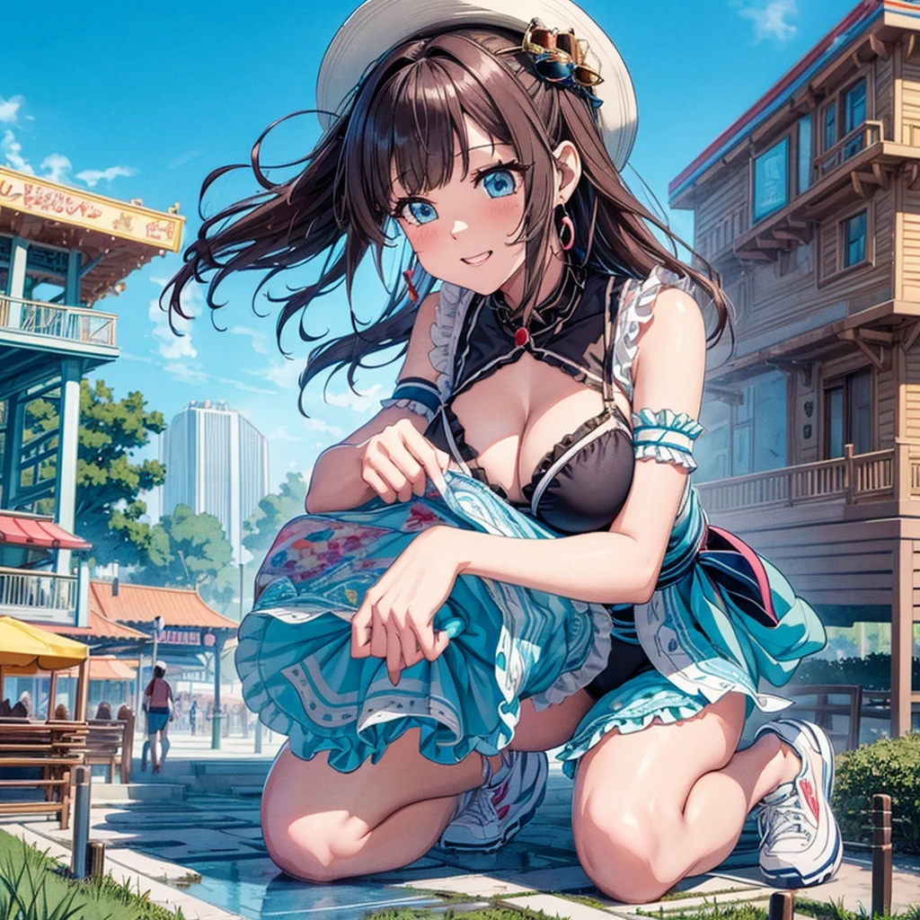 masterpiece　　Unreal Engine　Anime Style　Delicate painting　4K　90's　giant　crowd　 　amusement park　　((amusement parkに立っている巨大な黒髪の水着の***))　clown　stuffed toy　roller coaster　Merry-go-round　crowd　Big Breasts　sneakers　Bikini Swimwear　paola　Straw hat　　　smile　blue sky　cumulonimbus　Contrail　female giant giant girl Whole body 　 Destroyed skyscrapers Destroyed cars Crowd Unreal Engine,cleavage ,a drawing of a , earrings, long hair, 1980s (style) Cute picture　Beauty　Analog style　whole body　sneakers　