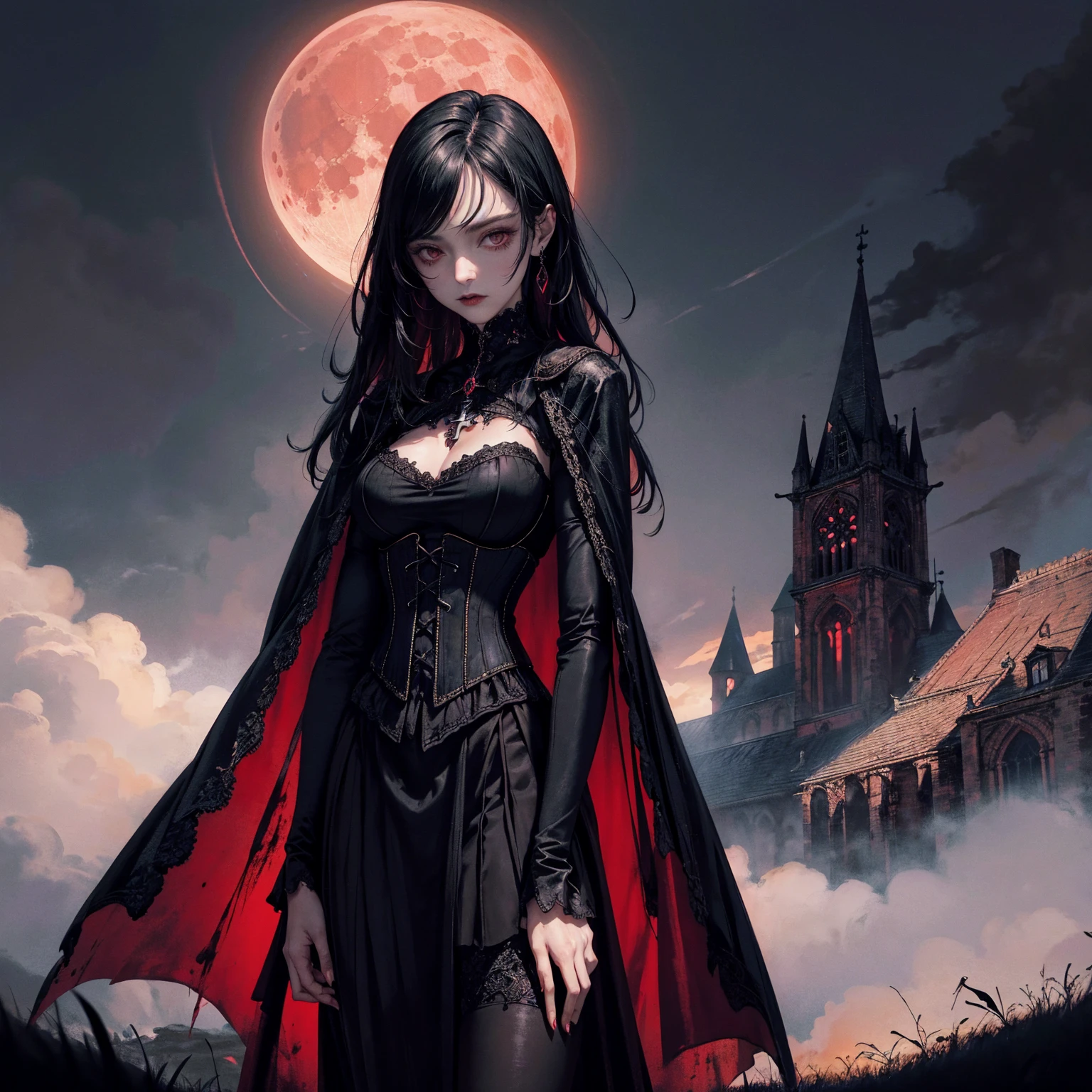 best quality, 4K, high resolution, masterpiece:1.2, Very detailed, actual:1.37, Mood lighting, Girl in a long cape, Wearing a tight gothic skirt that shows a little skin above the chest, Reflective glossy corset, Dangerous sneer, Black Hair, Standing, Face facing the camera, Crucified, Pitch black sky, Blood-red moon, strange atmosphere, Gothic style, Unforgettable beauty, Dramatic shadows, Ethereal Light, Mysterious atmosphere.