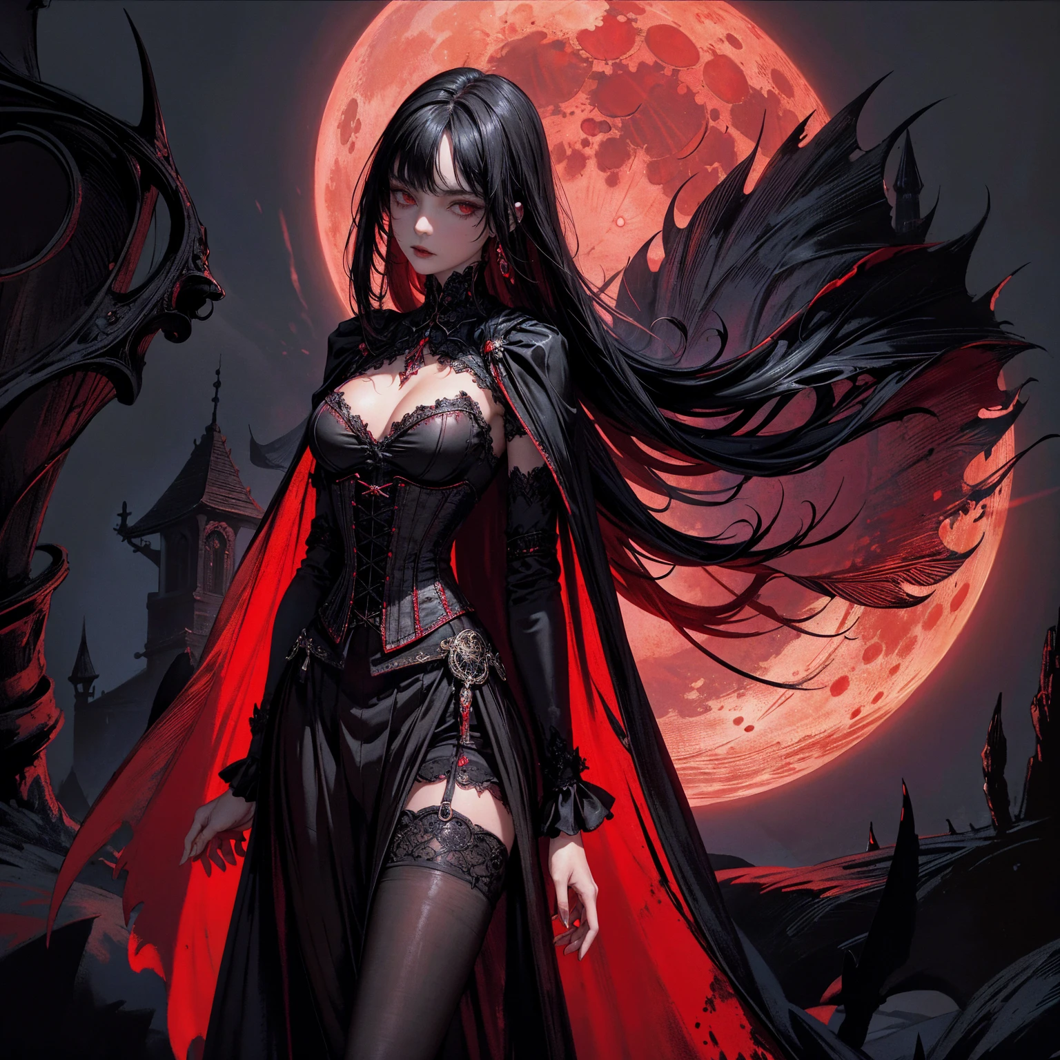 best quality, 4K, high resolution, masterpiece:1.2, Very detailed, actual:1.37, Mood lighting, Girl in a long cape, Wearing a tight gothic skirt that shows a little skin above the chest, Reflective glossy corset, Dangerous sneer, Black Hair, Standing, Face facing the camera, Crucified, Pitch black sky, Blood-red moon, strange atmosphere, Gothic style, Unforgettable beauty, Dramatic shadows, Ethereal Light, Mysterious atmosphere.