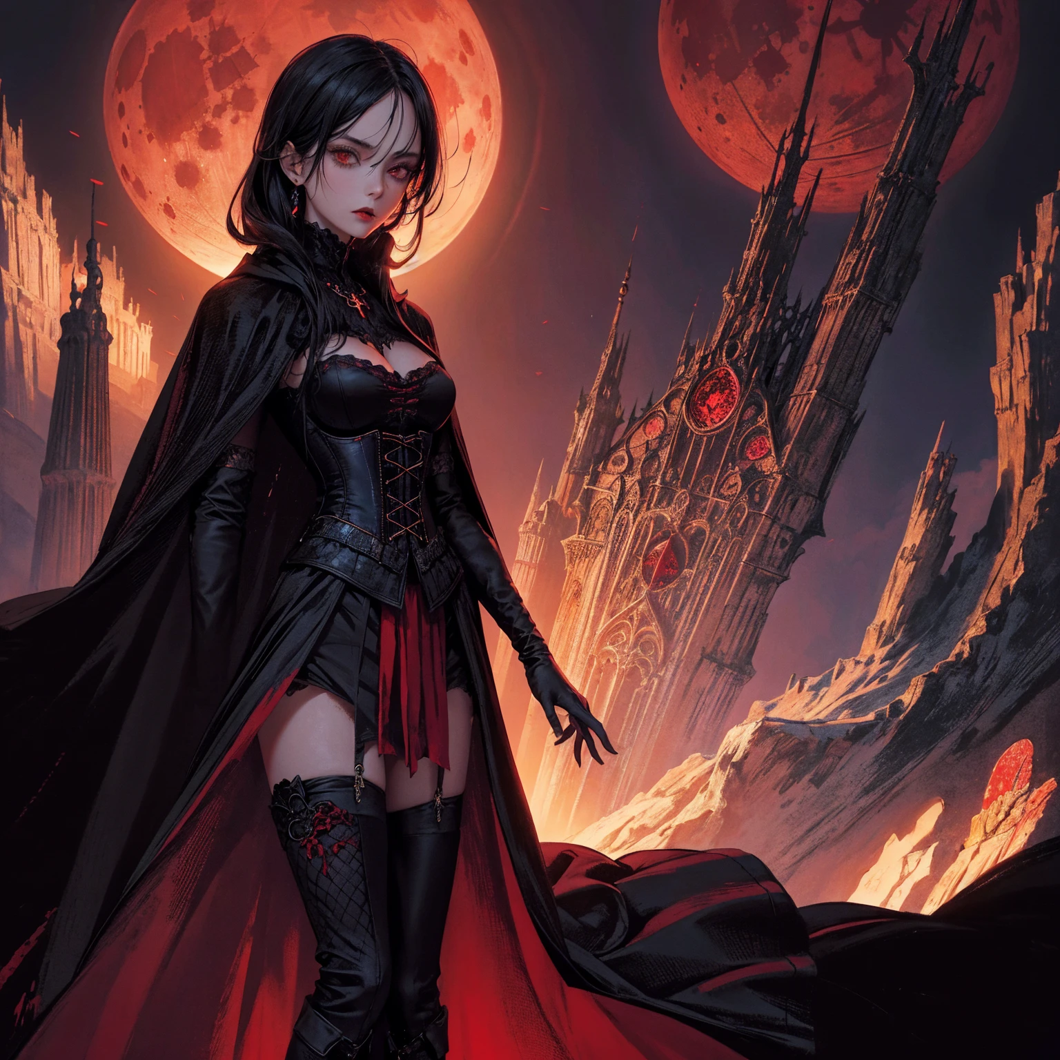 best quality, 4K, high resolution, masterpiece:1.2, Very detailed, actual:1.37, Mood lighting, Girl in a long cape, Wearing a tight gothic skirt that shows a little skin above the chest, Reflective glossy corset, Dangerous sneer, Black Hair, Standing, Face facing the camera, Crucified, Pitch black sky, Blood-red moon, strange atmosphere, Gothic style, Unforgettable beauty, Dramatic shadows, Ethereal Light, Mysterious atmosphere.